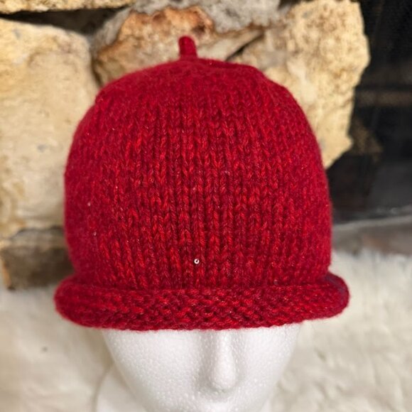 Handmade Red Knit Wool Blend Beanie With Rolled Brim main image 4